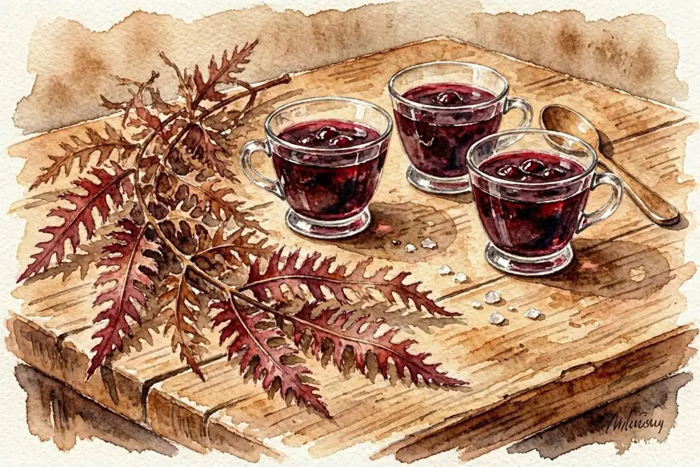 Dried red seaweed and strips of agar on a worn wooden surface beside glass cups of cherry dessert
