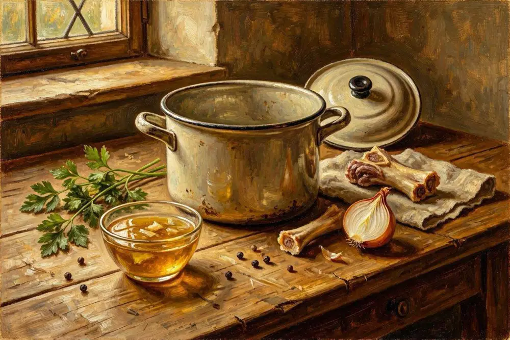 A glass bowl of golden clarified aspic beside veal bones on a worn wooden kitchen table