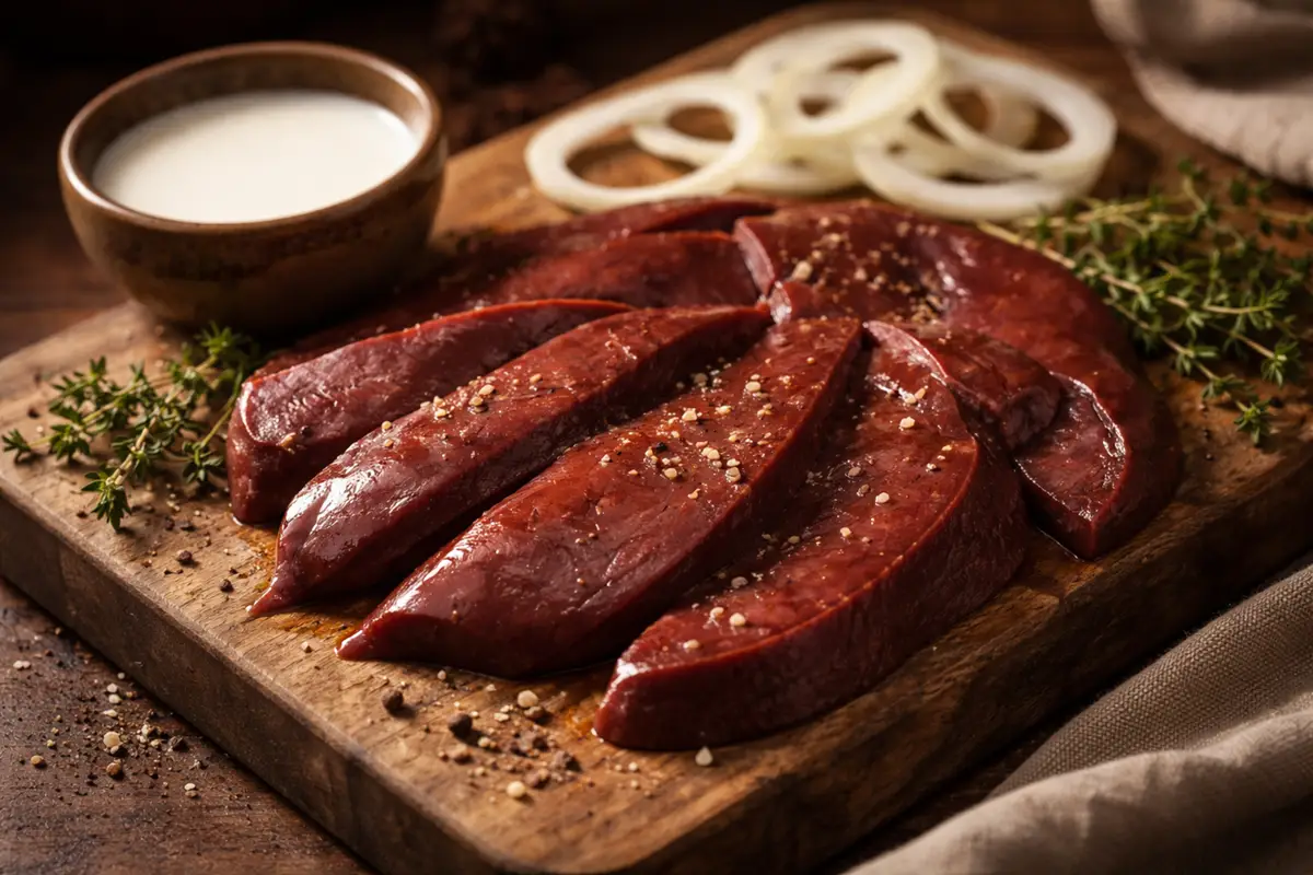 Fresh beef liver slices on a wooden board with a small bowl of milk, fresh thyme, and sliced onions, natural side lighting