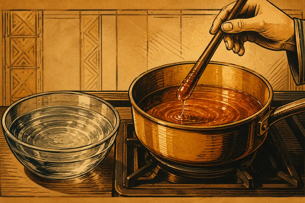 A wooden stick dipped in a pot of amber sugar syrup, illustrated in a vintage painterly style