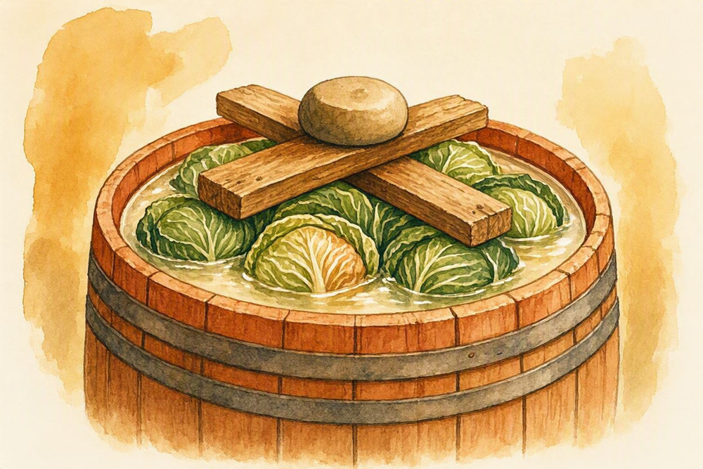 Illustration of whole cabbage heads submerged in brine in a wooden barrel, weighted down with a stone
