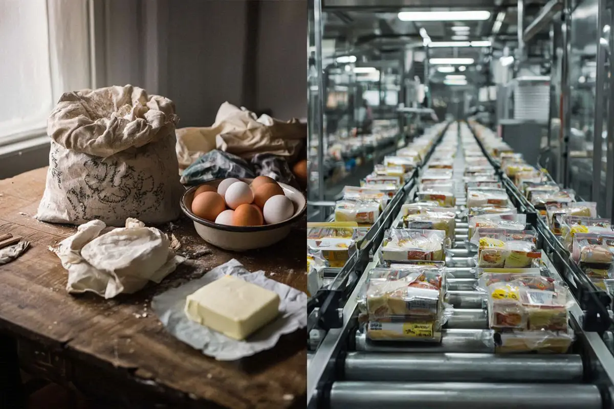 A split image: left side a 1930s kitchen with whole ingredients on a wooden table, right side a modern factory food production line, muted tones