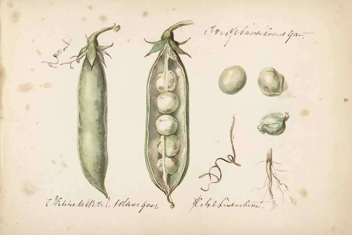 A wooden bowl of freshly shelled bright green peas next to an open pea pod, on a linen cloth in natural light.