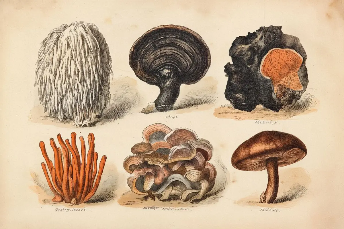 Vintage botanical illustration of six functional mushrooms — Lion's Mane, Reishi, Chaga, Cordyceps, Turkey Tail, Shiitake — detailed ink linework with warm sepia and ochre watercolor on cream background, no text