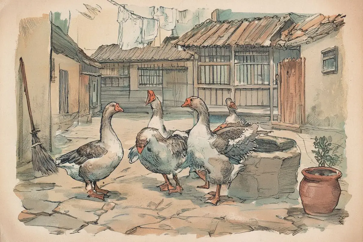 A vintage-style illustration of geese in a traditional village courtyard.