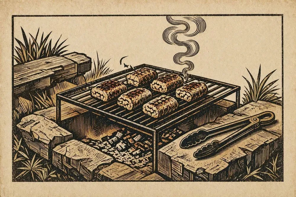 Illustration of grilled minced meat rolls over an open fire in a rustic outdoor setting