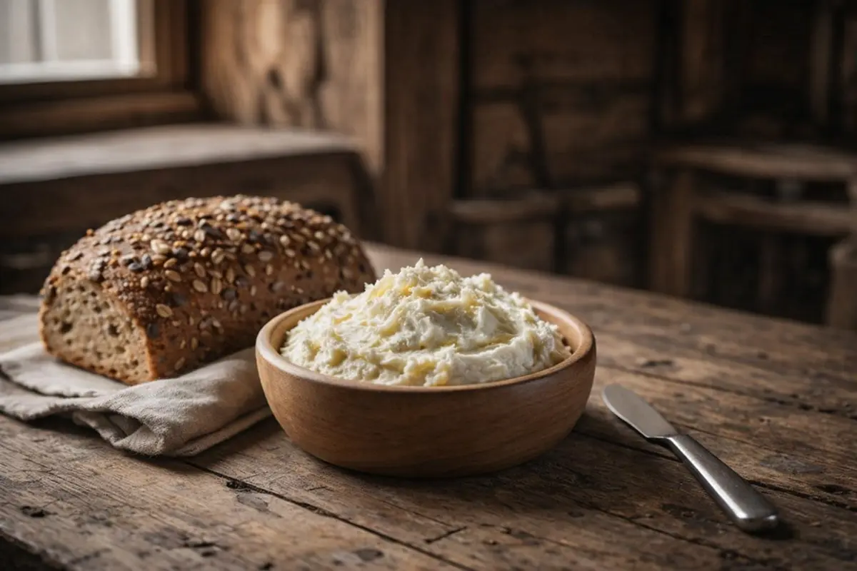 Fresh kajmak layered in a wide ceramic bowl, beside a wooden spoon and a loaf of dark bread, natural window light