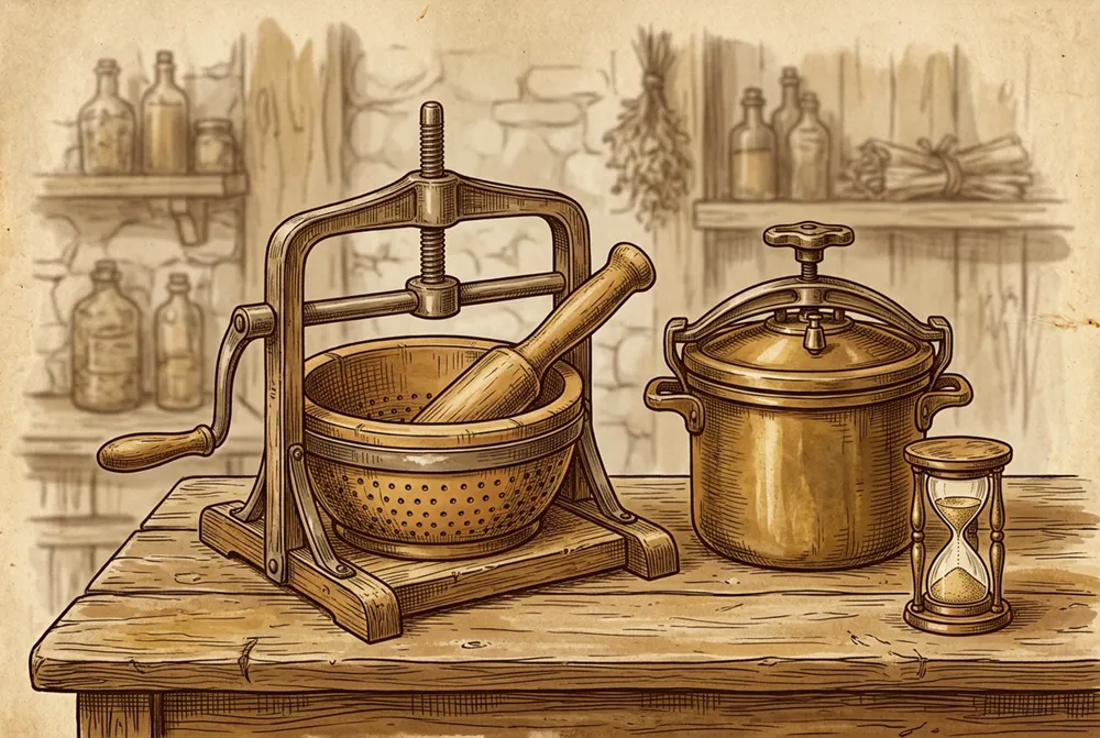 A collection of antique kitchen tools including a hand-cranked press, a wooden pestle, and an hourglass egg timer laid out on a wooden table