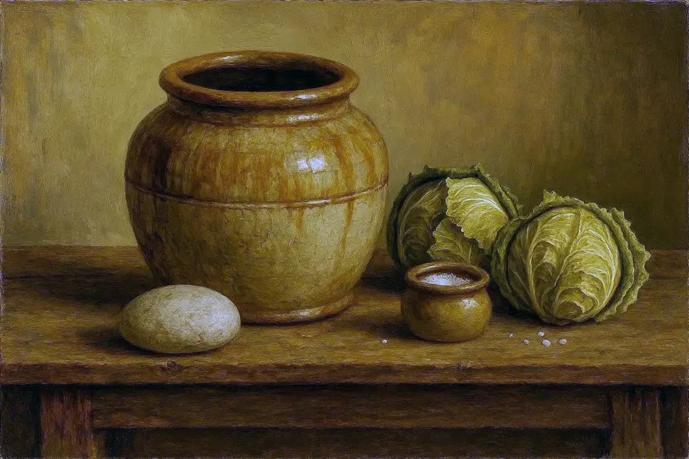 A large ceramic fermentation crock with shredded cabbage and a wooden weight, beside a salt cellar and whole cabbage heads, in a traditional Central European kitchen setting