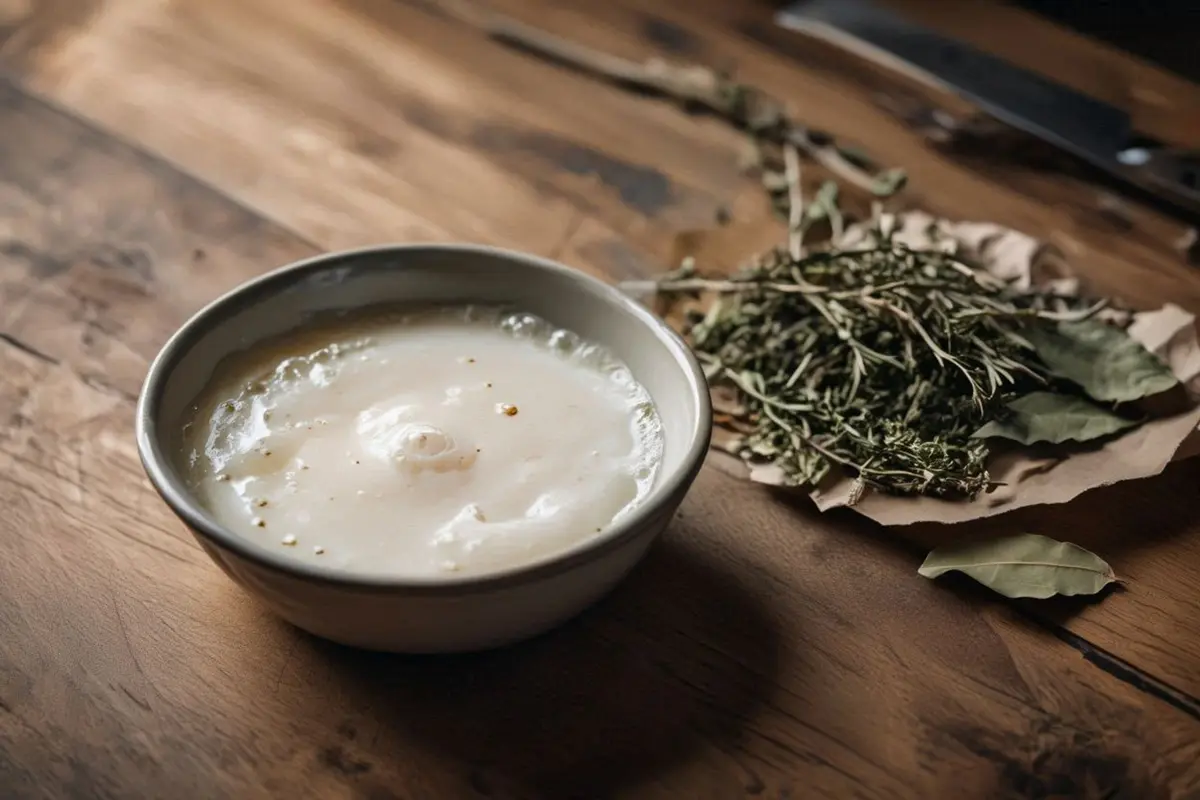 A ceramic bowl of freshly rendered white lard on a wooden kitchen table beside dried herbs