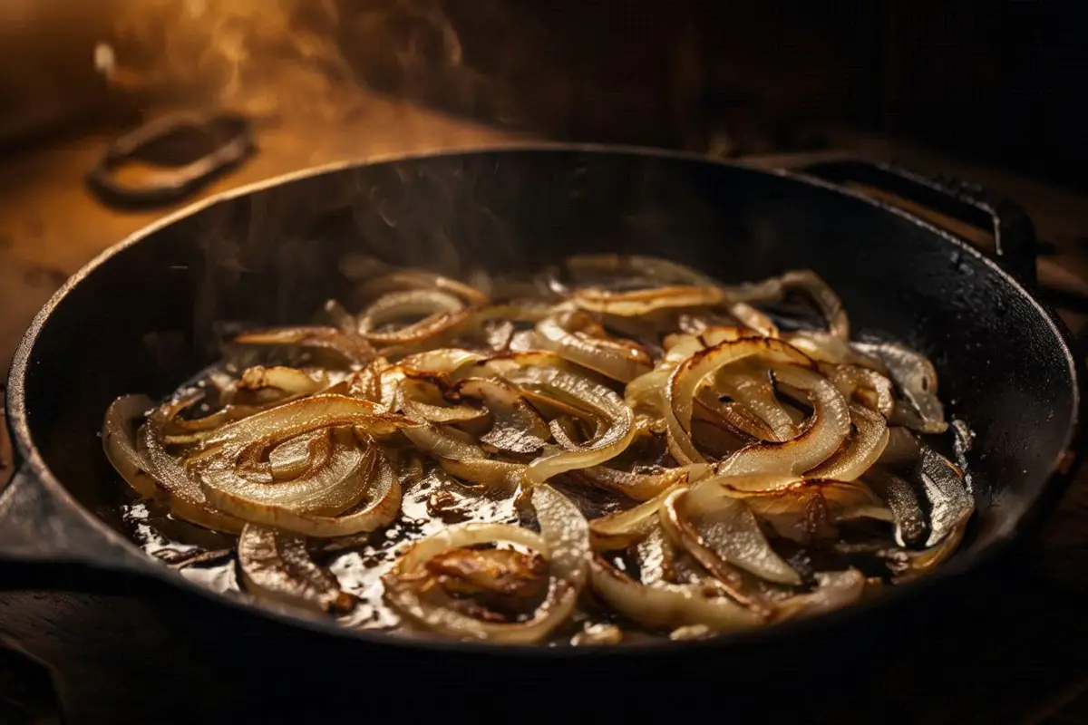 Sliced onions slowly cooking in lard in a heavy iron pan, edges just beginning to turn golden, steam rising, dark kitchen background
