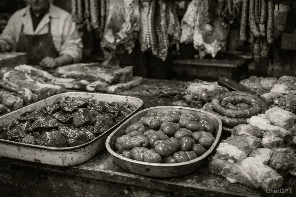 A vintage black and white photograph of a butcher's market stall displaying various cuts including liver and kidney