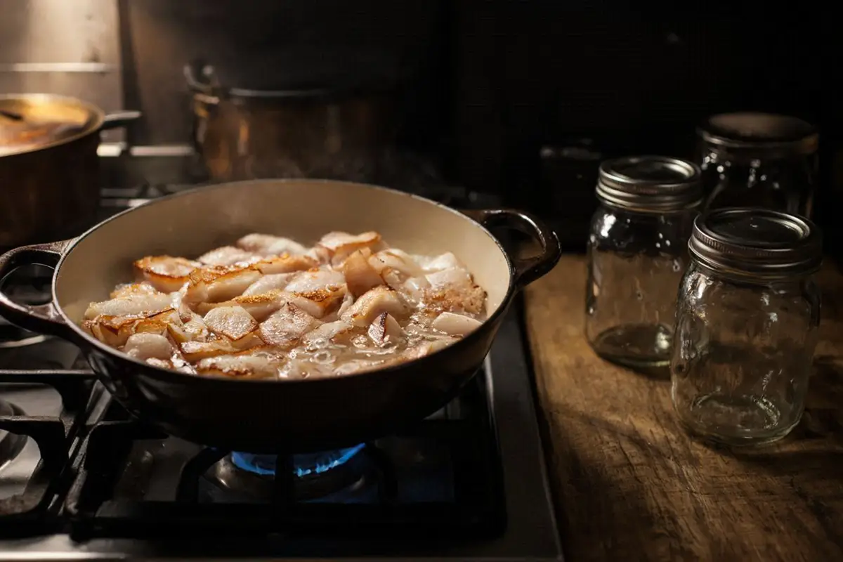 A heavy pot on low heat with slowly melting white pork fat, golden cracklings forming, glass jars ready for storing on a wooden surface