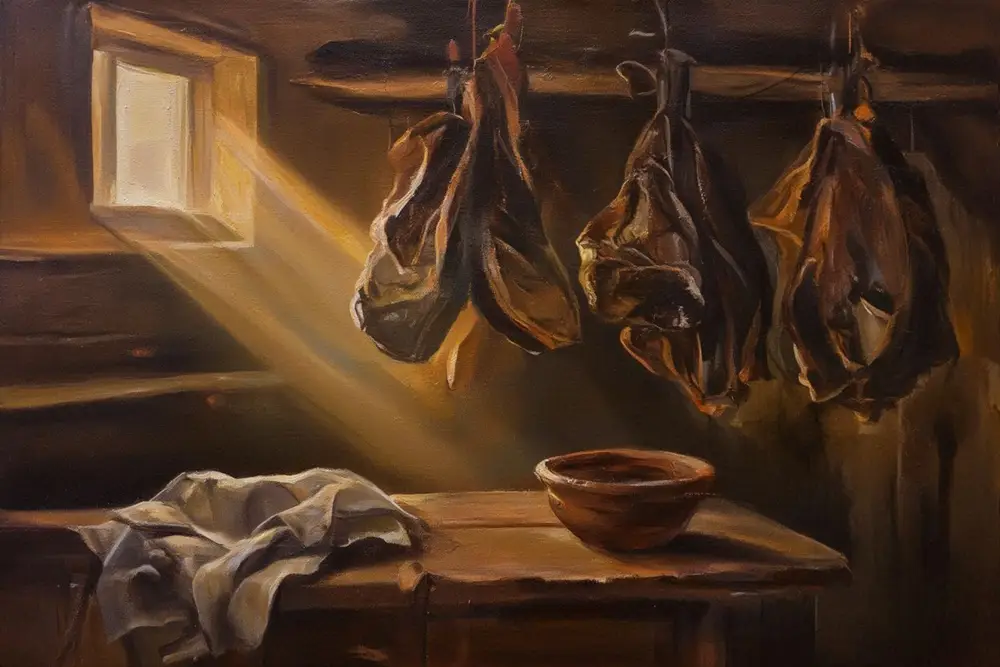 Thinly sliced dry-cured lamb on a wooden board beside a clay pot and rough linen cloth