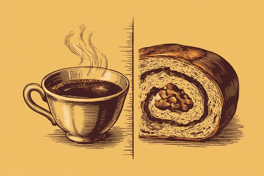 A close-up of a walnut roll on a dark wooden surface beside a small cup of black coffee