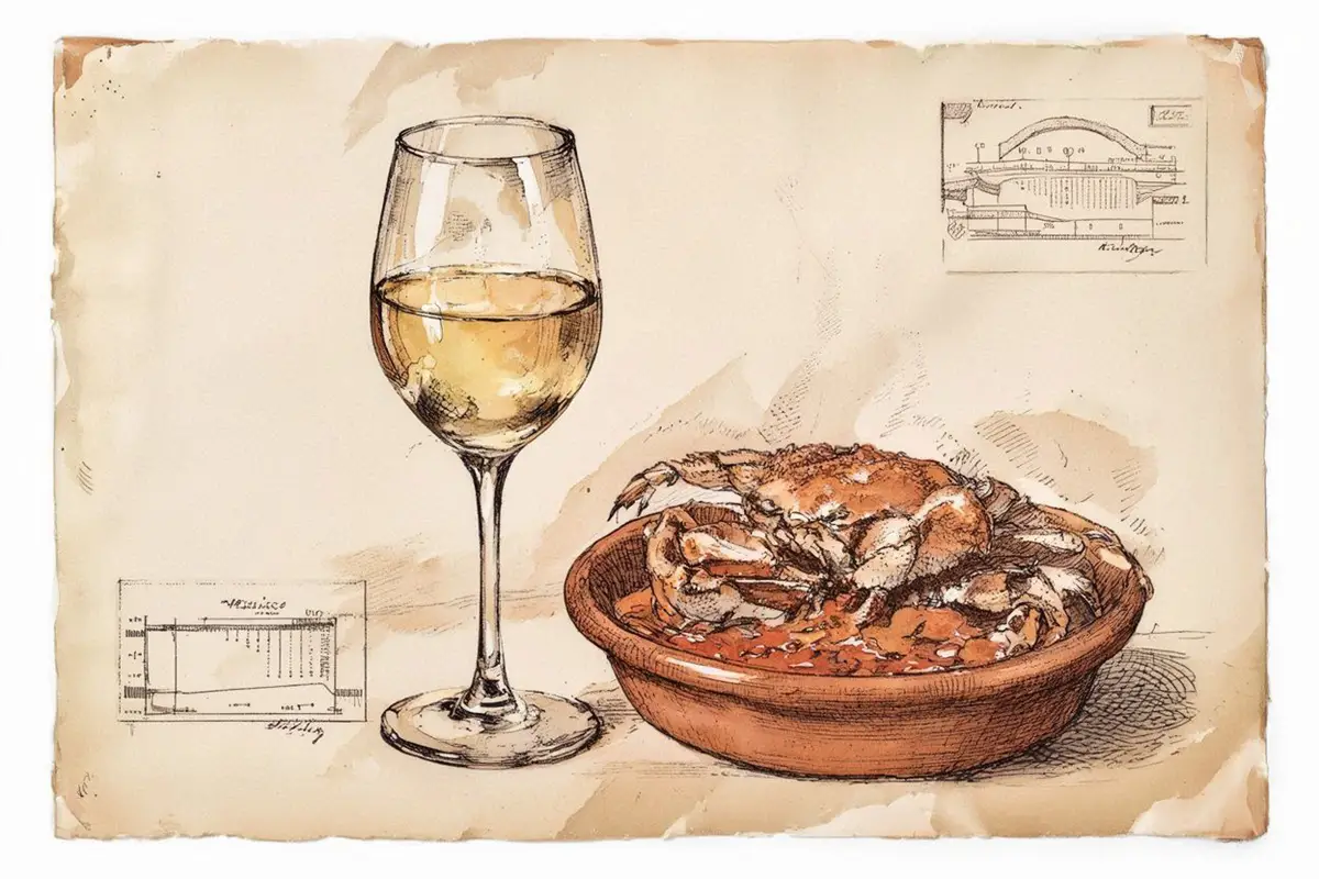 A glass of pale golden white wine beside a rustic terracotta dish of crab in tomato sauce, on a dark oak table with natural light.