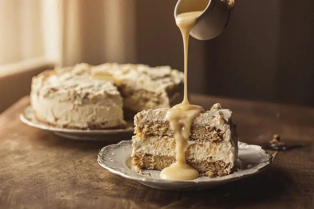Sliced almond cream biscuit torte on a white plate with custard sauce poured over