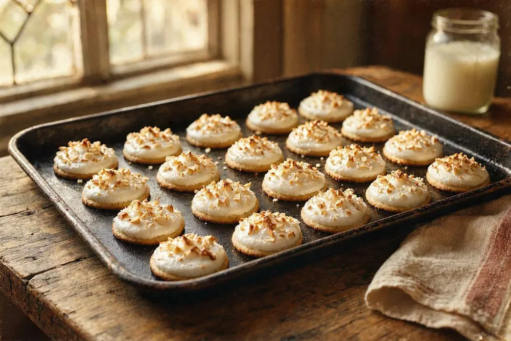 Small round gurabije cookies coated in whipped egg white and chopped almonds
