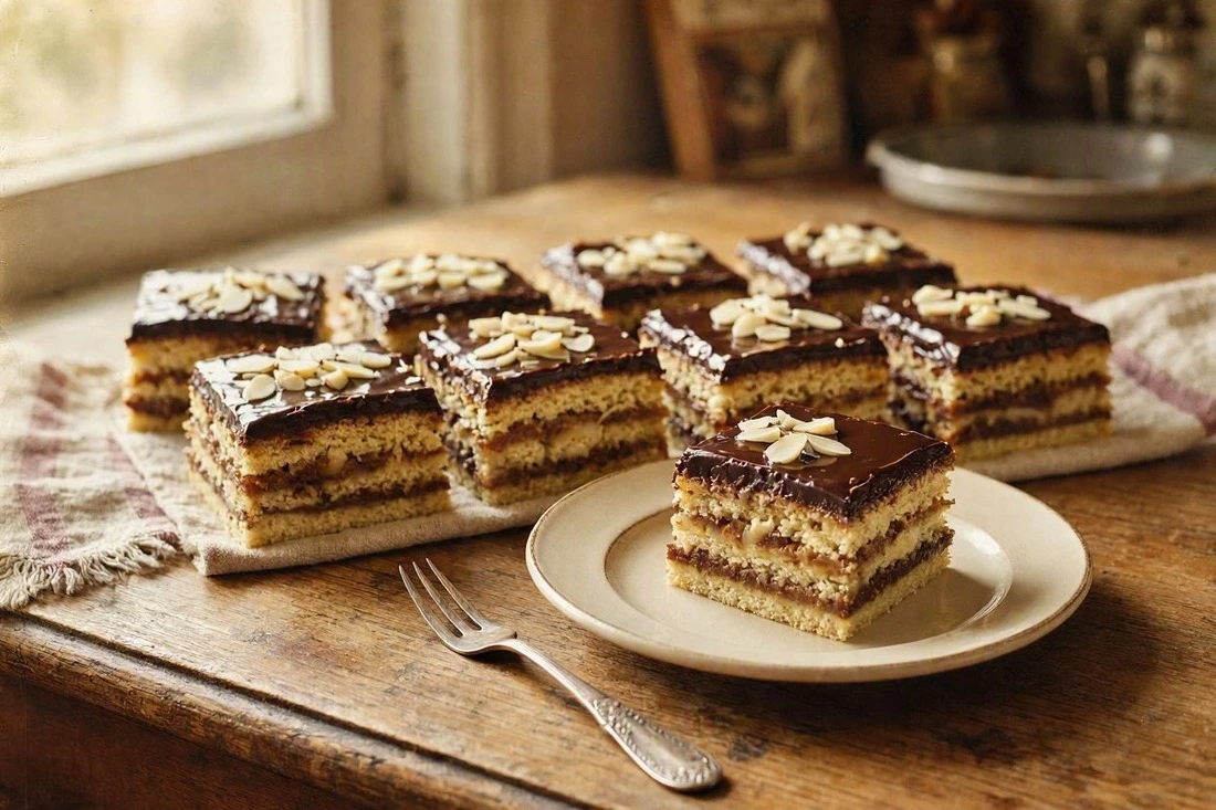 Layered date and nut torte coated in chocolate filling and topped with sliced almonds, cut into squares