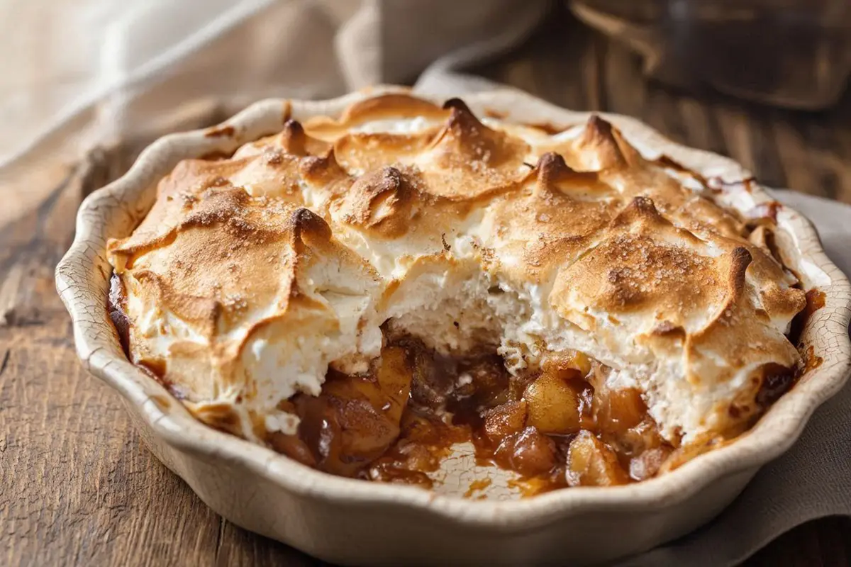 A golden-brown baked meringue topping over a rich apple base in a vintage ceramic baking dish.