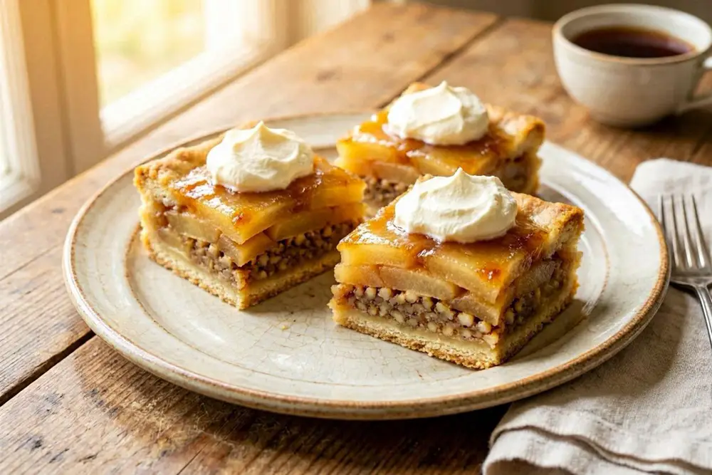 Apple pie with whipped cream cut into squares, served on a vintage ceramic plate