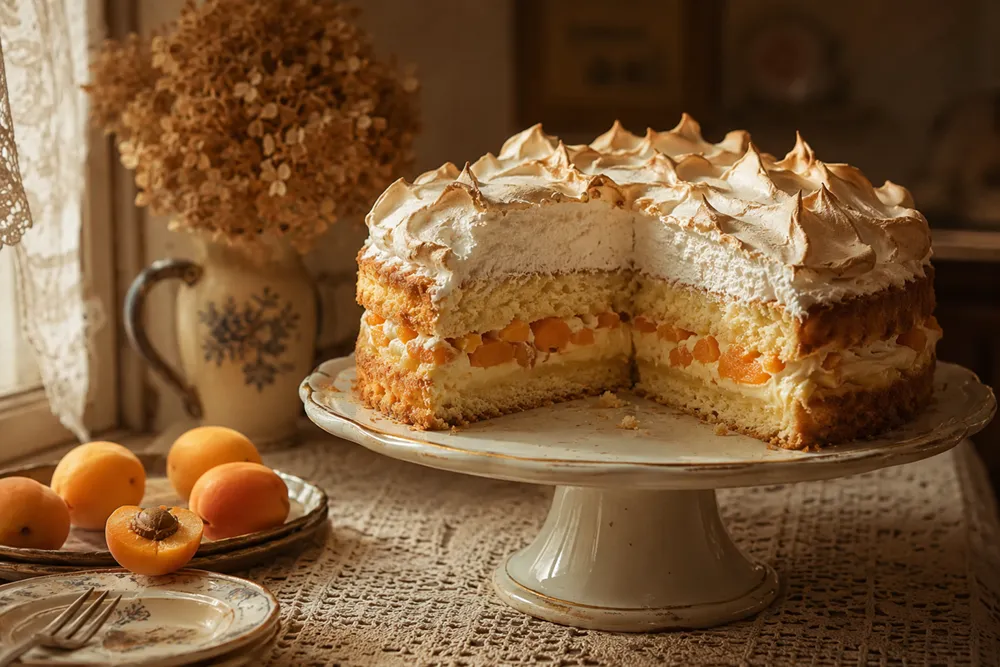 Layered apricot cream torte with meringue topping and diced fresh apricots