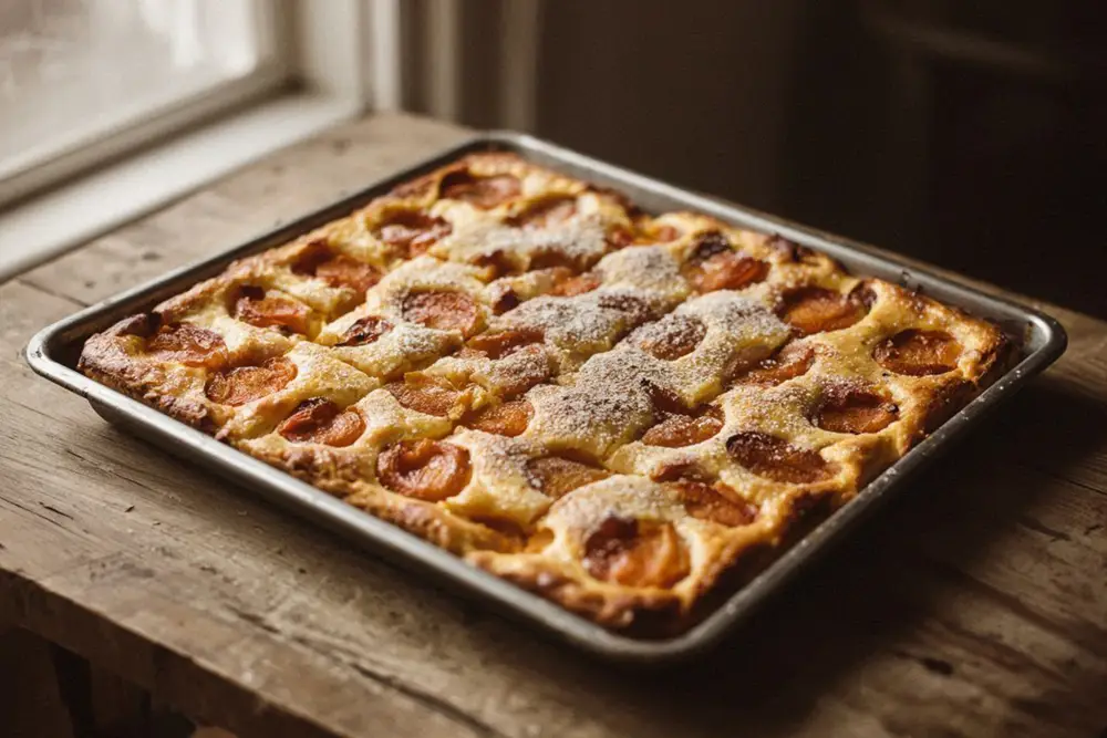 Apricot sheet pie cut into squares on a large baking tray, custard cream set and golden, dusted with vanilla sugar.