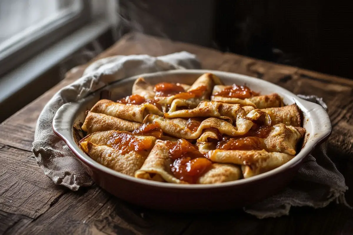 A rustic ceramic baking dish filled with golden-brown rolled pancakes layered with orange apricot jam.