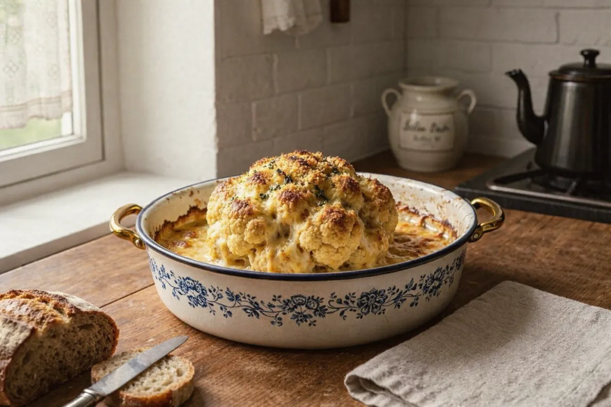 Whole baked cauliflower coated in golden cheese béchamel sauce in a baking dish