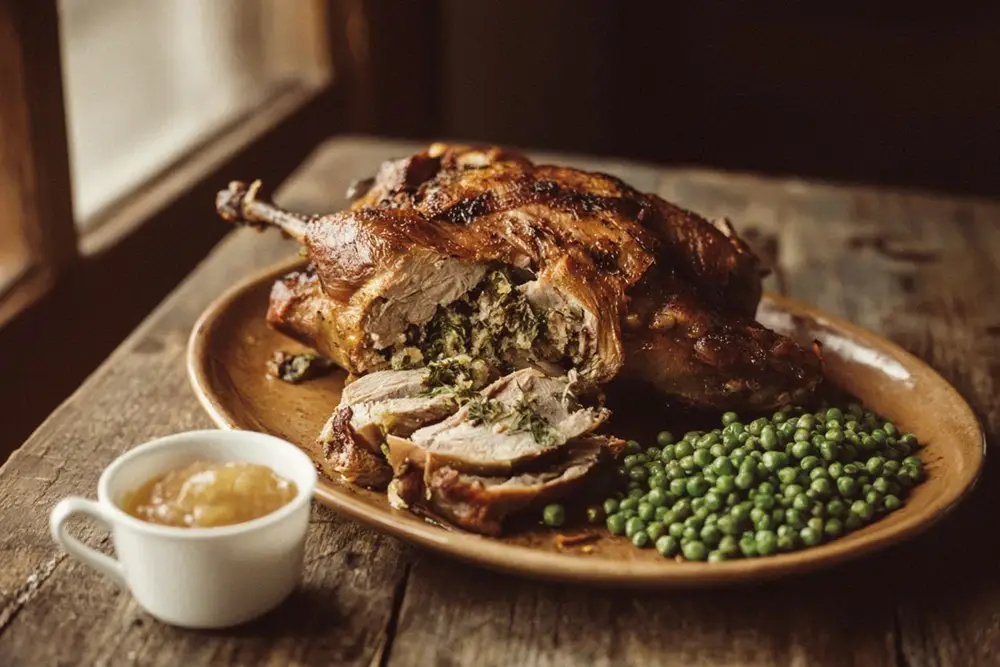 Sliced roast duck on a warm serving platter with apple sauce in a sauce cup and young green peas alongside