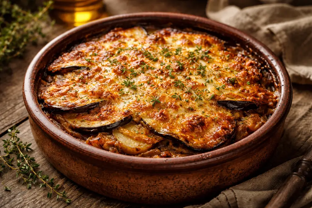 A rustic earthenware casserole dish with layers of golden baked eggplant, potatoes, and melted cheese, garnished with fresh thyme
