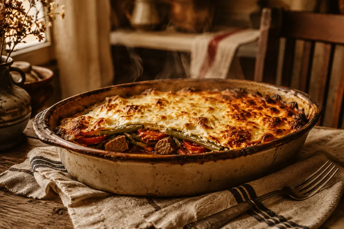 Layered green bean, tomato, and lamb casserole fresh out of the oven with a golden sour cream topping