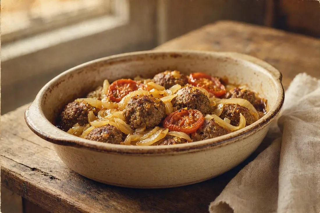 Baked meatballs over soft fried onion, topped with sliced tomato rounds, in a deep baking dish