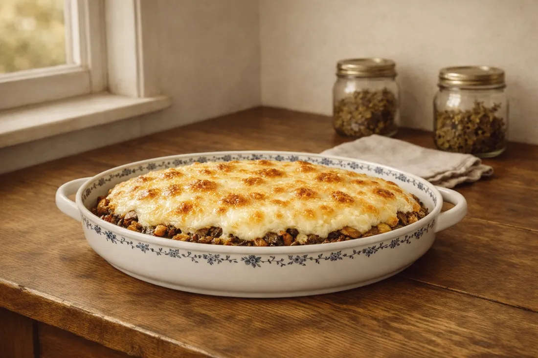 Baking dish of sliced eggs and mushrooms under a golden baked sour cream topping