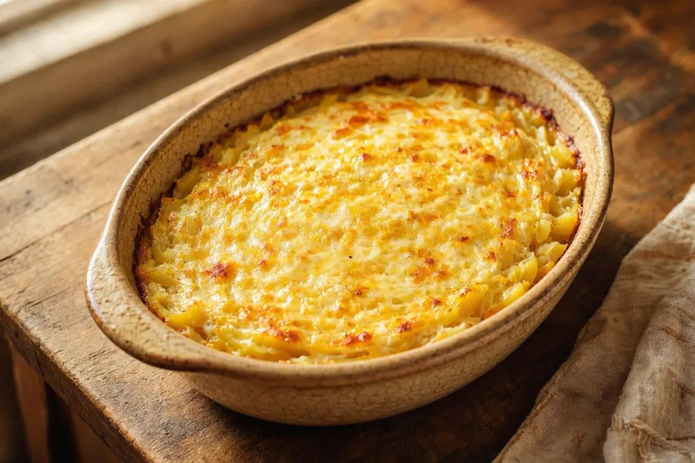 Sliced potato and cheese casserole with a golden egg topping in a baking pan