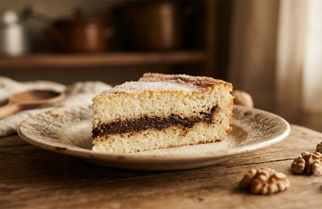 Sliced baked rice pudding with visible chocolate layer, dusted with sugar