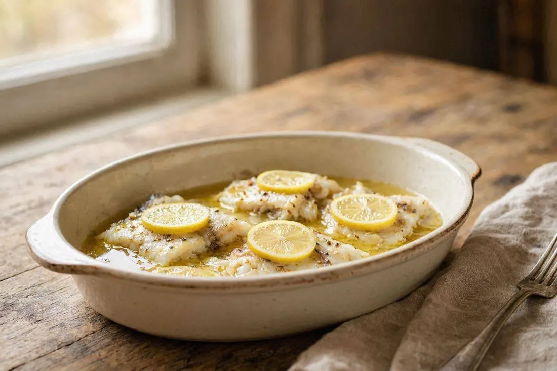 Baked sea fish pieces in white wine sauce with lemon slices, rustic serving dish