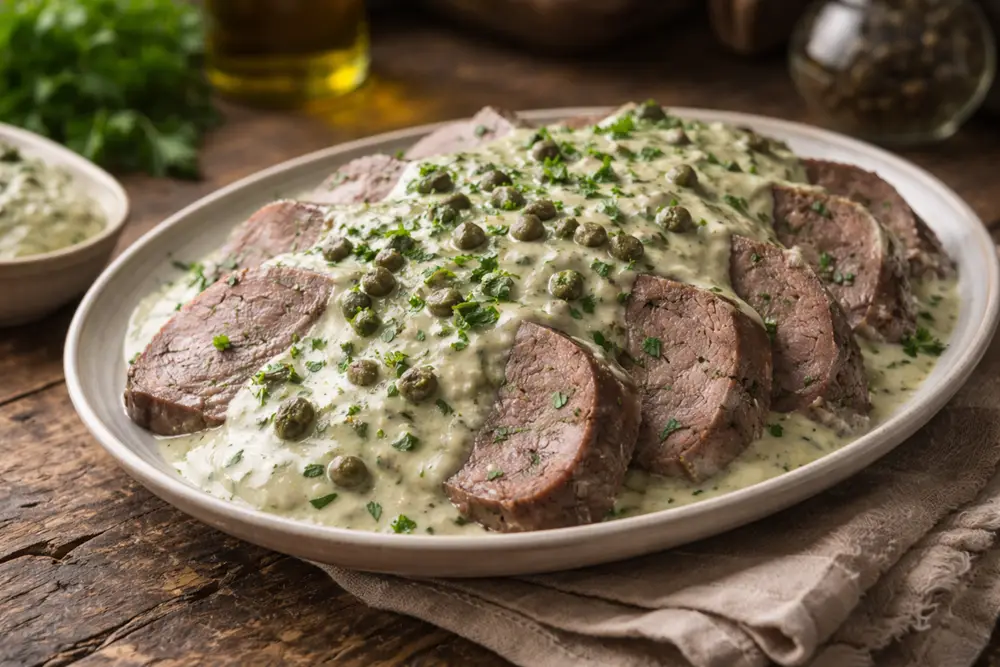 Sliced roasted beef tongue on a round serving dish, coated in a pale green sour cream sauce with visible capers and parsley, on a wooden table in a warm kitchen, natural light