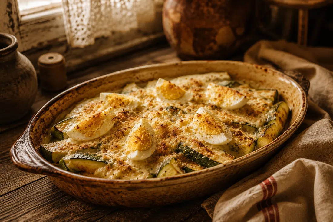 Baked zucchini wedges topped with quartered hard-boiled eggs and sour cream in a rustic baking dish
