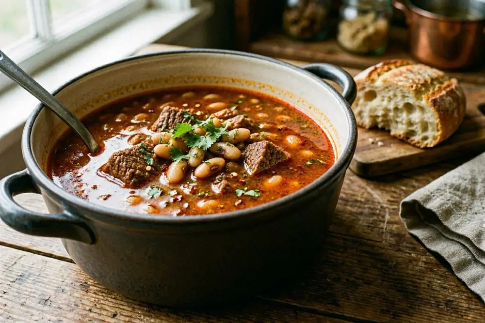 A deep ceramic pot of bean and beef soup with a rich reddish broth, served on a wooden table