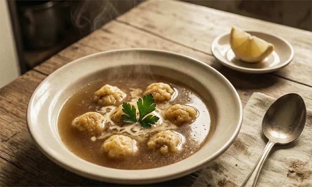 Bowl of beef broth with golden pan-fried dough dumplings and a lemon wedge