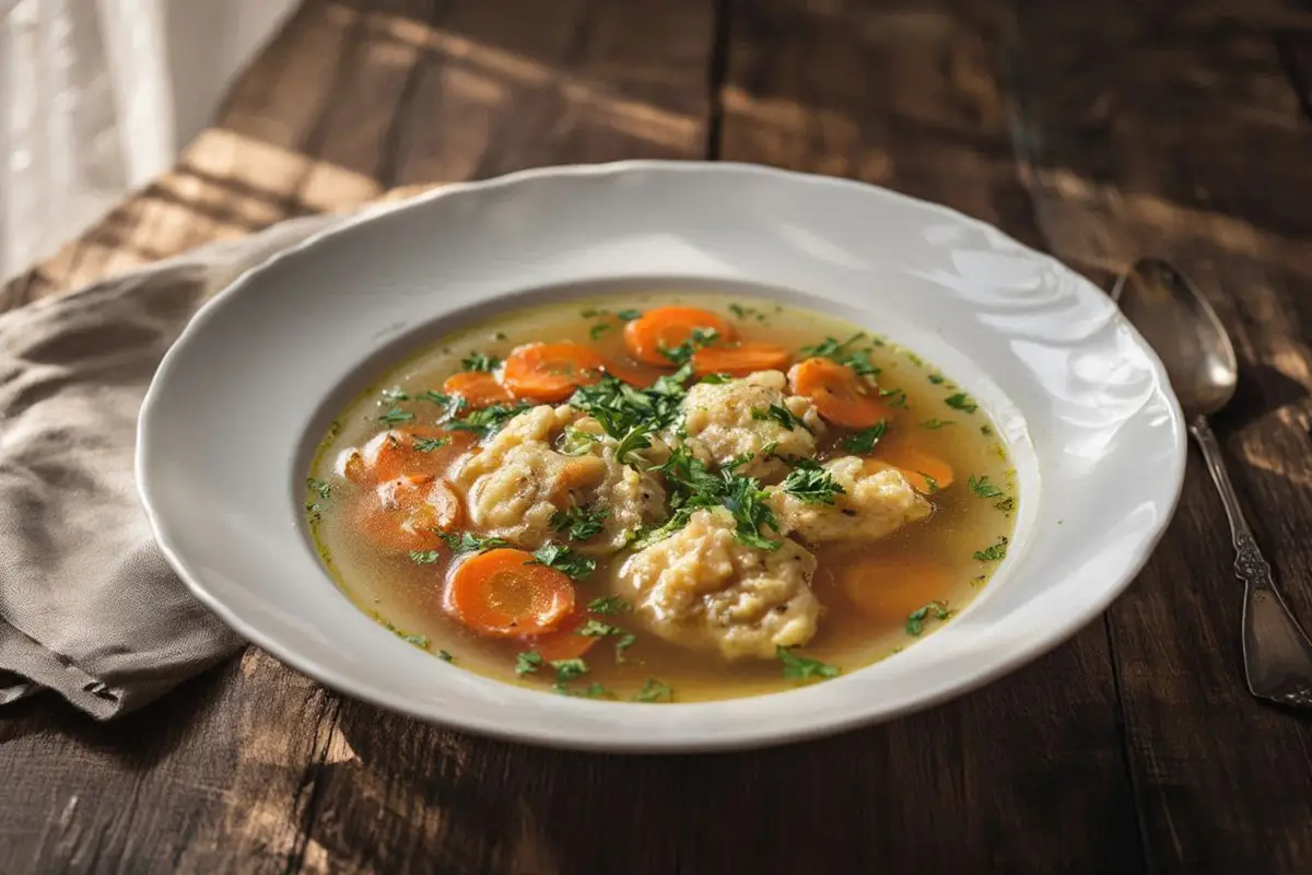 A bowl of clear golden beef soup with vegetables and semolina dumplings, served in a white ceramic bowl