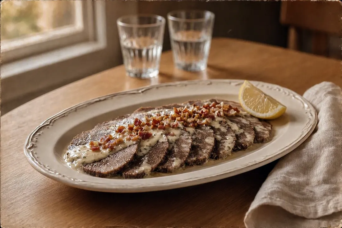 Sliced beef tongue arranged on a platter, topped with a creamy sardine and sour cream sauce