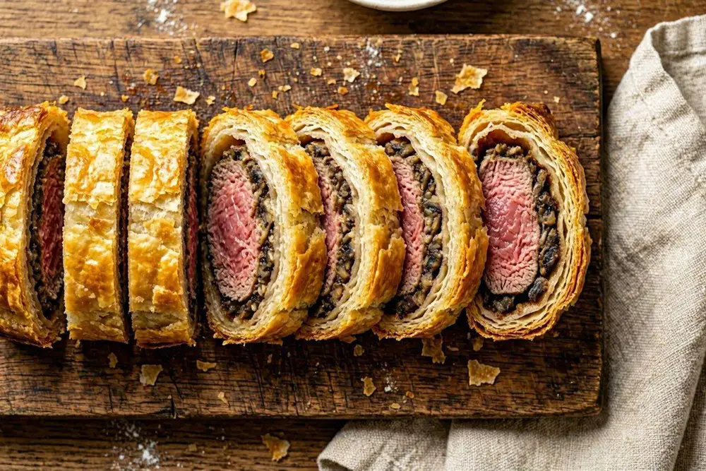 Sliced Beef Wellington on a wooden board showing a pink medium-rare center surrounded by mushroom filling and golden puff pastry