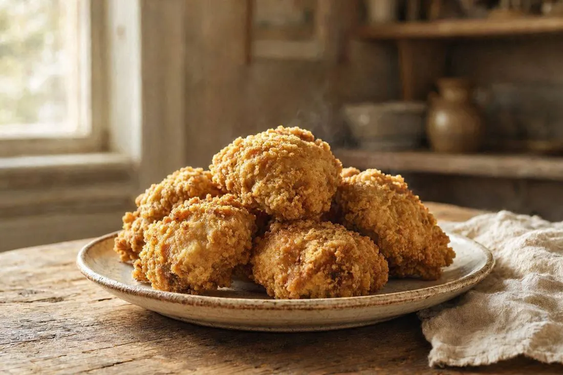 Golden fried chicken pieces with a crisp double-dredged coating on a serving plate