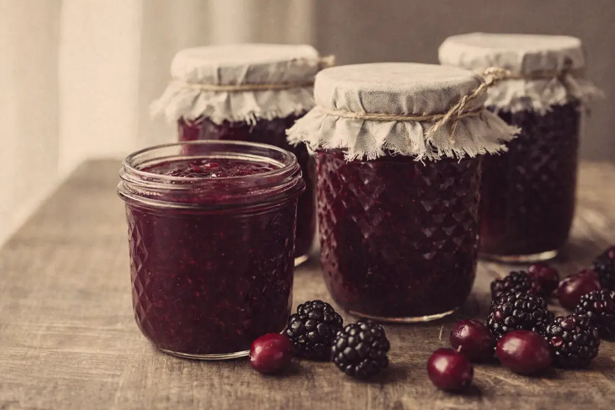 Deep purple blackberry and cornelian cherry marmalade in vintage glass jars with cloth tops on rustic table