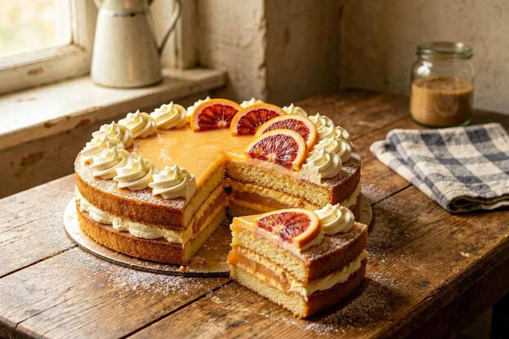 A sliced layer cake with pale orange cream filling, topped with whipped cream and blood orange slices