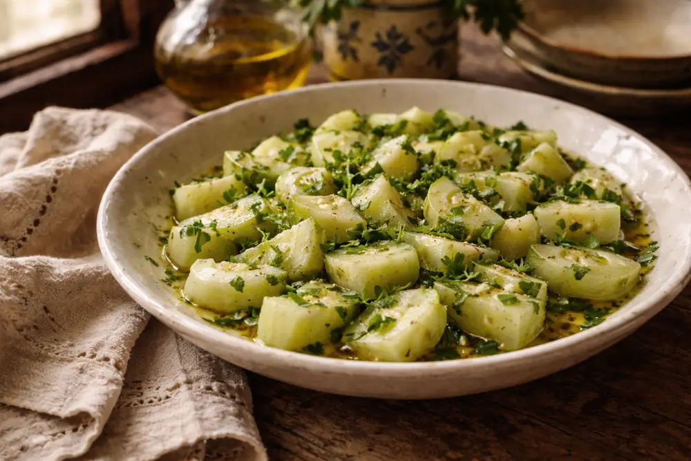 A bowl of warm boiled zucchini slices tossed with parsley, oil, and vinegar