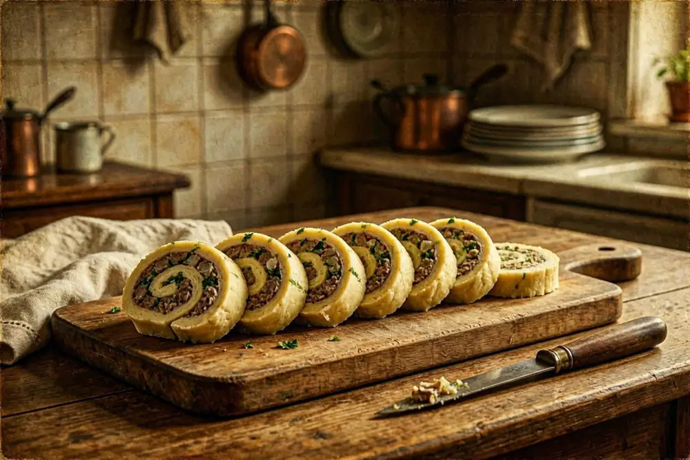 Sliced brain roll on a wooden board, showing the spiral of calf's brain filling inside pale potato dough