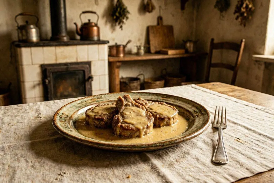 Braised pork chops covered in a creamy white wine sauce on a serving platter